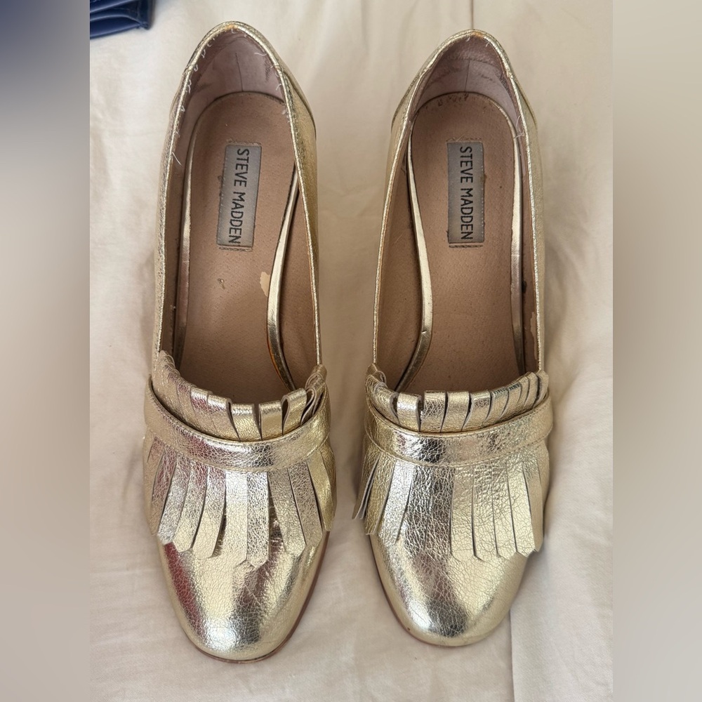 Steve Madden Metallic Gold Fringe Heels - Picture 2 of 12